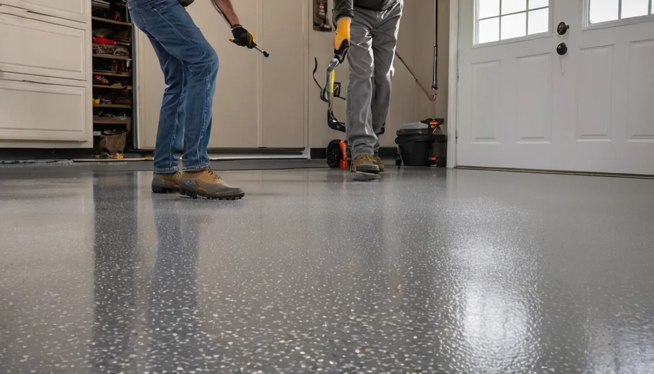 Freshly coated glossy polyaspartic garage floor with flake finish near Lake Grove